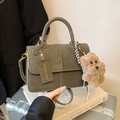 Olive green crossbody box bag with teddy bear pendant and contrast stitching detail - With Charm / Green