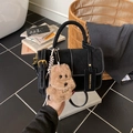 Black leather small square crossbody bag with contrast stitching and dog plush charm - With Charm / Black
