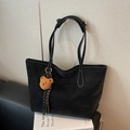 Black matte tote bag with contrast stitching and brown plush bear charm accessory - Black with Pendant