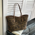 Vintage dark brown tote bag with paisley pattern and reinforced leather handles - No Pendant / Coffee