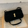 Minimalist black suede underarm bag with golden metal lock and leather strap - Black