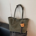 Olive green suede tote bag with white stitching and cute plush bear charm detail - Green with Pendant
