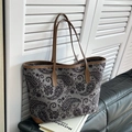 Retro paisley tote bag with black floral patterns and brown leather strap accents - No Pendant / Blue