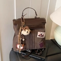Coffee brown vintage nylon backpack with cute dog charms and leather flap detail - With Charm / Brown
