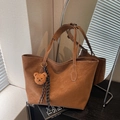 Brown large faux suede tote bag with plush bear pendant and braided cord detail - Brown with Pendant
