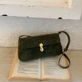 Deep olive green suede-like shoulder bag with vintage gold oval clasp and adjustable strap - Brown