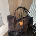 Brown suede tote bag with plush bear charm and striped tassel accessory - Coffee with Pendant