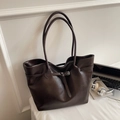 Minimalist large dark brown tote bag in textured leather with long shoulder straps - No Pendant / Brown