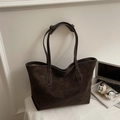 Sac cabas vintage marron foncé avec coutures blanches contrastées et sangle réglable - Café sans pendentif
