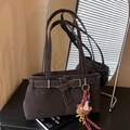 Deep brown suede shoulder bag featuring a decorative buckle and a cute bear charm pendant - With Charm / Brown