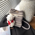 Grey and beige striped knitted bucket bag with a cute bear charm and wooden button - With Charm / Gray