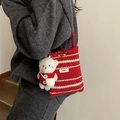 Red and white striped knit shoulder bag with teddy bear pendant and wooden button - With Charm / Red