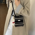 Knitted crossbody bucket bag with black and white stripes and cute bear pendant - With Charm / Black