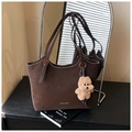 Deep brown matte faux leather tote bag with gold lettering and plush dog charm - Coffee with Pendant