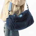 Vintage dark blue denim crossbody bag with thick wide shoulder strap and washed texture - Dark Blue