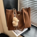 Brown faux leather tote bag with gold metal plate and plush bear charm in soft light - With Charm / Brown