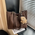 Large capacity dark brown tote bag in faux leather with a cute plush dog pendant charm - With Charm / Coffee