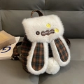 Zaino in peluche a quadri marroni con orecchie da coniglio e patch Happy Days - Griglia Marrone