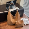 Brown two-piece set featuring large faux suede hobo bag and matching zip pouch - Two-Piece Set / Brown