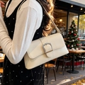 Borsa a spalla beige chic con grande fibbia quadrata d'argento indossata dal modello - Bianco