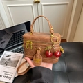 Vintage brown quilted box handbag with cherry charm and adjustable strap - With Charm / Brown