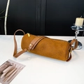 Detail of leopard print cylinder crossbody bag with golden zipper and leather strap - Brown Leopard