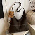 Large dark brown shoulder tote bag with white contrast stitching and plush bear charm - Coffee with Pendant