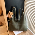Deep green hobo tote bag with white contrast stitching and cute teddy bear pendant - Green with Pendant