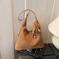 Retro brown suede tote bag with white stitching and cute plush bear accessory - Brown with Pendant