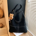 Black matte leather crescent shoulder bag with white contrast stitching and bear charm - Black with Pendant