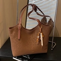 Brown leopard print tote bag with beaded tassel and adjustable straps in retro style - Brown