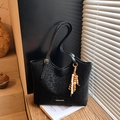 Black leopard embossed faux leather tote bag with stylish beaded charm accessory - Black