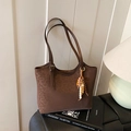 Brown suede tote bag with leopard print side panels and unique beaded bag charm - Brown