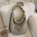 Fuzzy cream tote bag with blue dots featuring a stylish scrunchie shoulder strap - Beige Polka Dot
