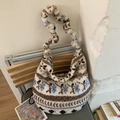 Fuzzy white tote bag with blue floral jacquard pattern and twisted plush handle - Blue Snowflake