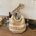 Fuzzy shoulder bag with colorful stripes in soft beige, pink and green teddy fleece - Yellow and Pink Stripes