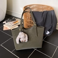 Olive green leather tote bag with stylish plush rabbit charm and gold hardware detail - Green with Pendant