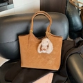 Brown matte tote bag with shoulder straps and white plush rabbit pendant accessory - Brown with Pendant