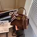 Deep brown suede square crossbody bag with metal twist lock and decorative scarf - Brown