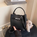 Minimalist black lychee texture bucket bag with a plush rabbit charm and top handle - With Pendant / Black