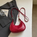 Burgundy faux leather crescent shoulder bag with golden hardware and adjustable strap - No Pendant / Red