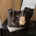 Dunkelgraue Shopper-Tasche aus Wildleder mit Katzen-Stickerei und Plüschanhänger - Mit Anhänger / Dunkelkaffee