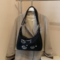 Bolso hobo negro de hombro con bordado de gato blanco y hebilla dorada ajustable - Negro