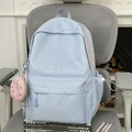 Hellblauer Schulrucksack mit bunten Punkten und süßem rosa Donut-Plüsch-Anhänger - Mit Anhänger / Blau