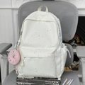 Weißer Schulrucksack mit buntem Stern-Mond-Muster und rosa Donut-Plüsch-Anhänger - Mit Anhänger / Weiß