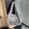 Chic grey faux fur tote bag with long plush handles for winter fashion style - Gray