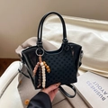 Minimalist black bucket bag with checkered pattern, wooden beads, and detachable strap - Black