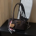 Dark brown leather underarm bag with white stitching and bear charm accessory - With Charm / Coffee