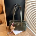Retro dark green shoulder bag with adjustable buckle and brown bear plush pendant charm - With Charm / Green