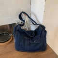 Sac fourre-tout en jean bleu foncé au style vintage avec surpiqûres orange contrastées - Bleu foncé